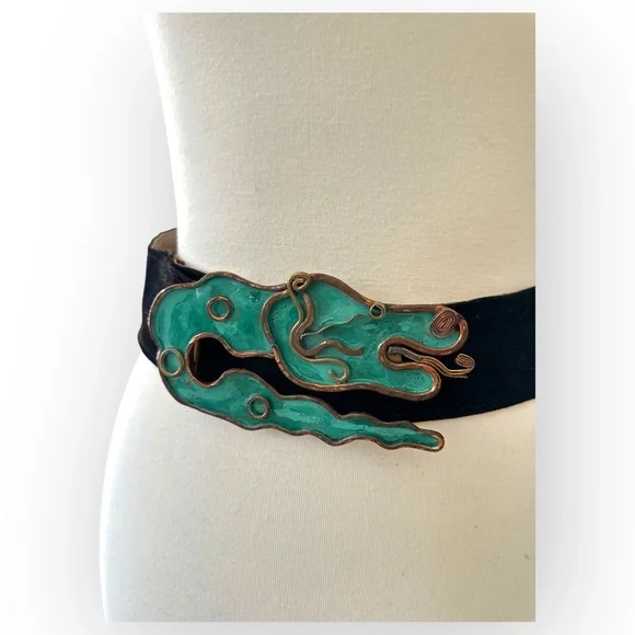 Vintage MCM Hubert Harmon Mayo Mexico Enamel Brass Brutalist Belt Buckle - Picture 4 of 11